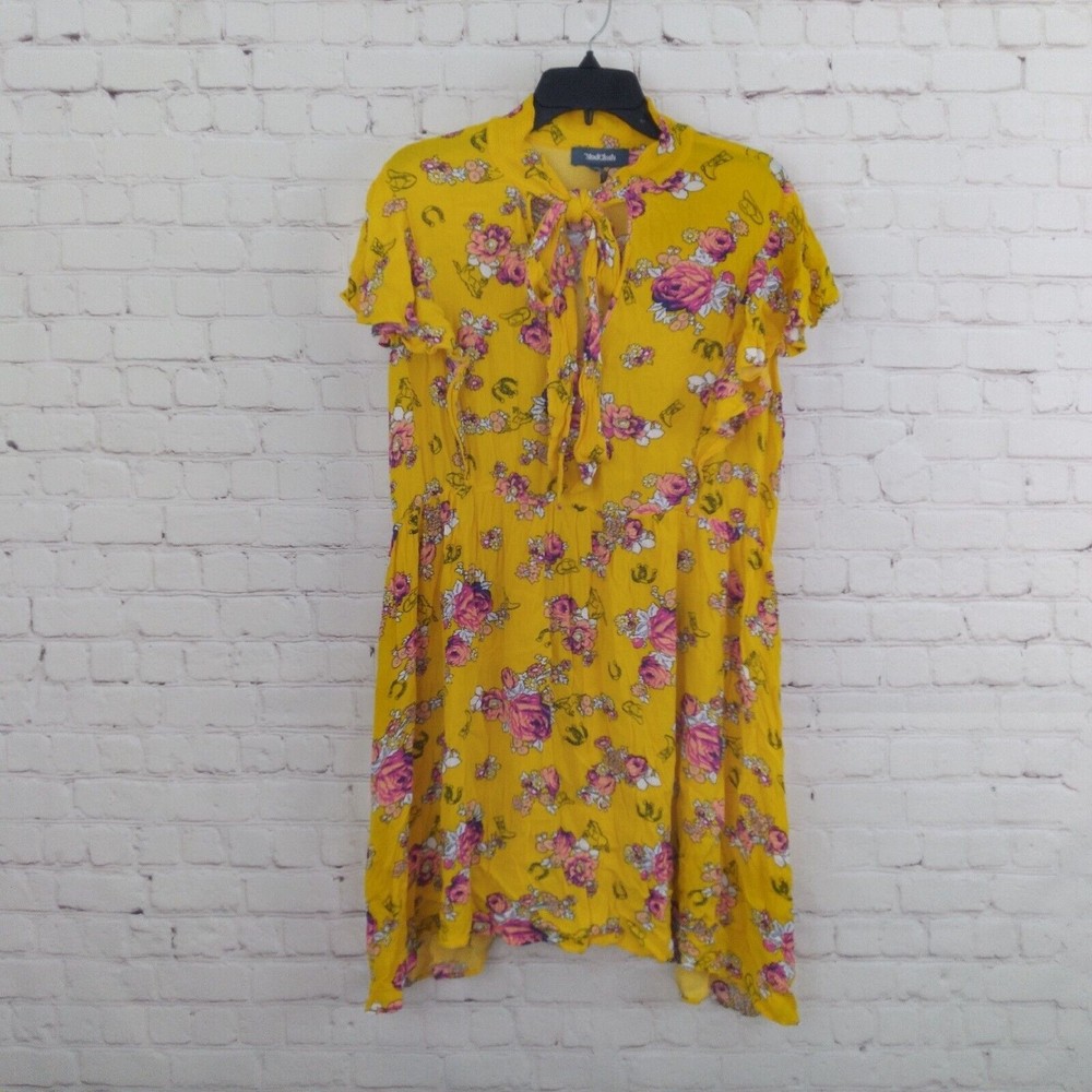 ModCloth Dress Womens 2X Yellow Floral Flutter Sleeve Smocked Tie Neck Mini